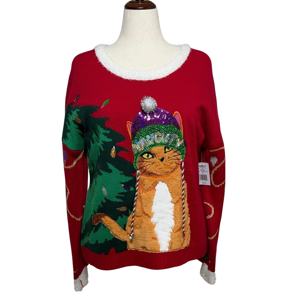NEW Jollidays Sweater Women XXL Red Cat Christmas Tree Sequin Faux Fur Pullover